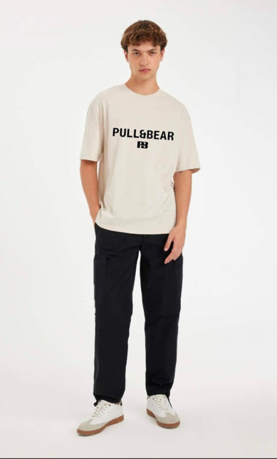 P&B Beige T-Shirt & Black Wide Leg Trouser For Men