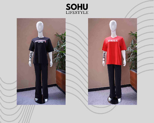 Pack of 2 T-Shirts & Black Wide Leg Trouser