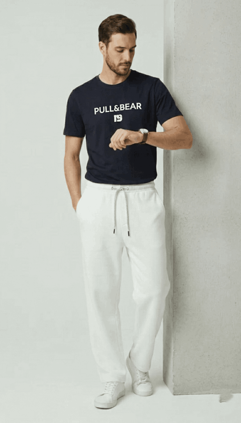 P&B Navy Blue T-Shirt & White Wide Leg Trouser For Men - Sohu Lifestyle