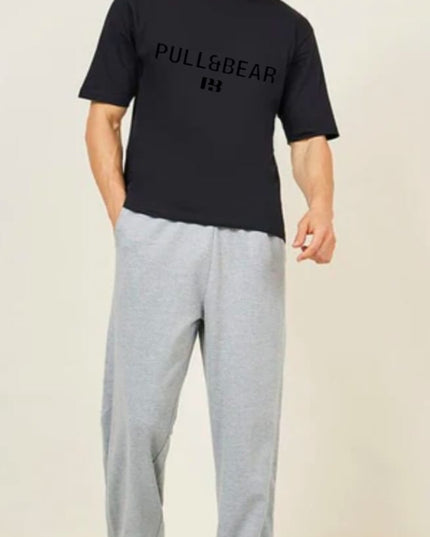P&B Black T-Shirt & Grey Wide Leg Trouser For Men